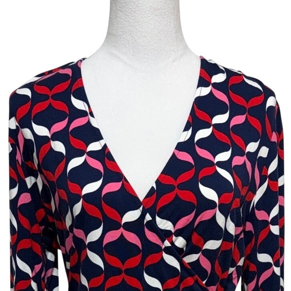 Boden Top Women 12 Blue Red Elodie Jersey Faux Wrap Pullover Stretch Long Sleeve